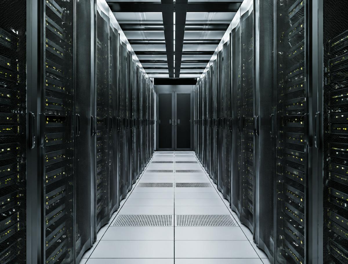 Long corridor of server racks with small status lights in a clean data centre