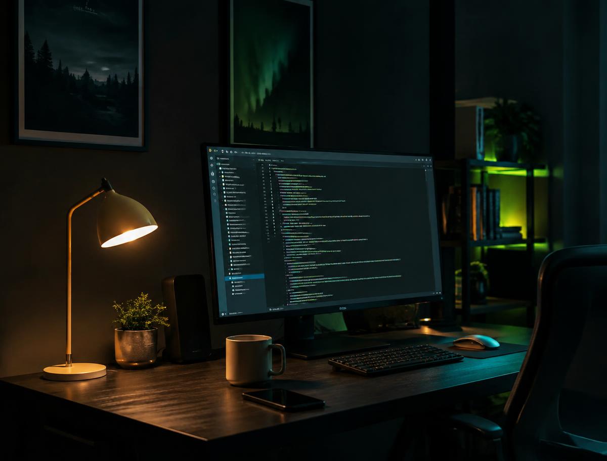 Developer desk in a dim room with code on a large monitor and a warm desk lamp