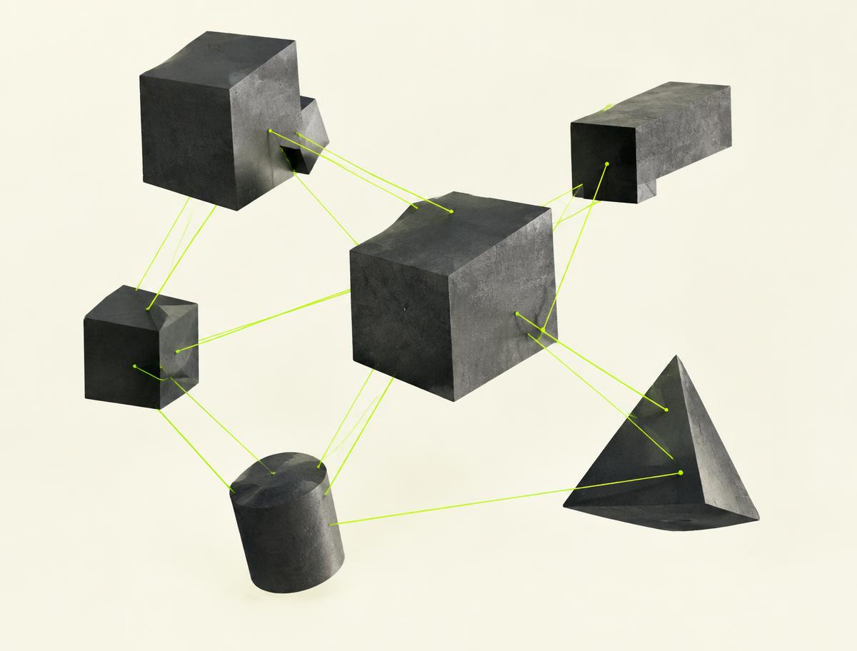 Graphite geometric blocks floating on an ivory background connected by thin lime threads